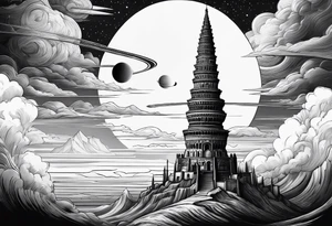 Babel tower with a saturn sunset tattoo idea