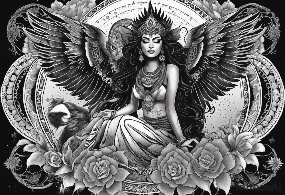 black kali, goddess pirate, alien, angel, pachamama, valkrye, warrior, flying, skull, lotus azul, wing, eagle, zenza resonance, stars, 5D, anahata chakra, death, durga, riding on a tiger, flying lady, kundalini, chest tatoo, samuri, rebel, serpent tattoo idea