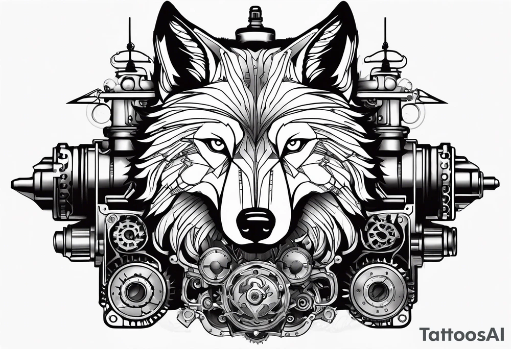 Powerful wolf powered by an engine featuring an "steampunk desing" in the image appears a psiton and a turbo, also the dseign must be vertical. Also, the desing must be minimalistic not saturated tattoo idea