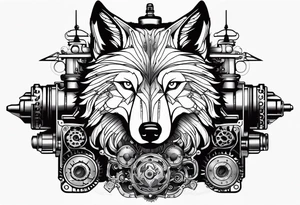 Powerful wolf powered by an engine featuring an "steampunk desing" in the image appears a psiton and a turbo, also the dseign must be vertical. Also, the desing must be minimalistic not saturated tattoo idea