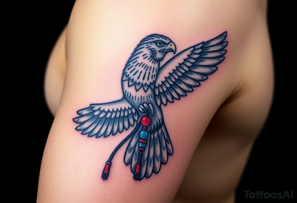 An Egyptian Falcon (Horus) Carrying a Rosary (only red, blue and black are possible colors) tattoo idea