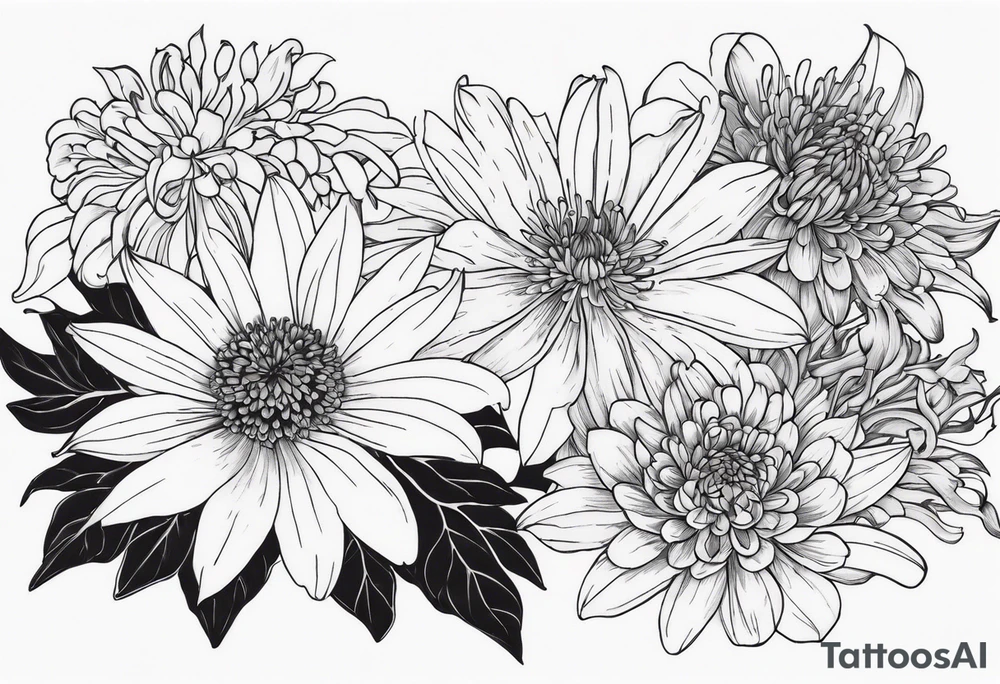 Asters, lillies, and chrysanthemums in a long line tattoo idea