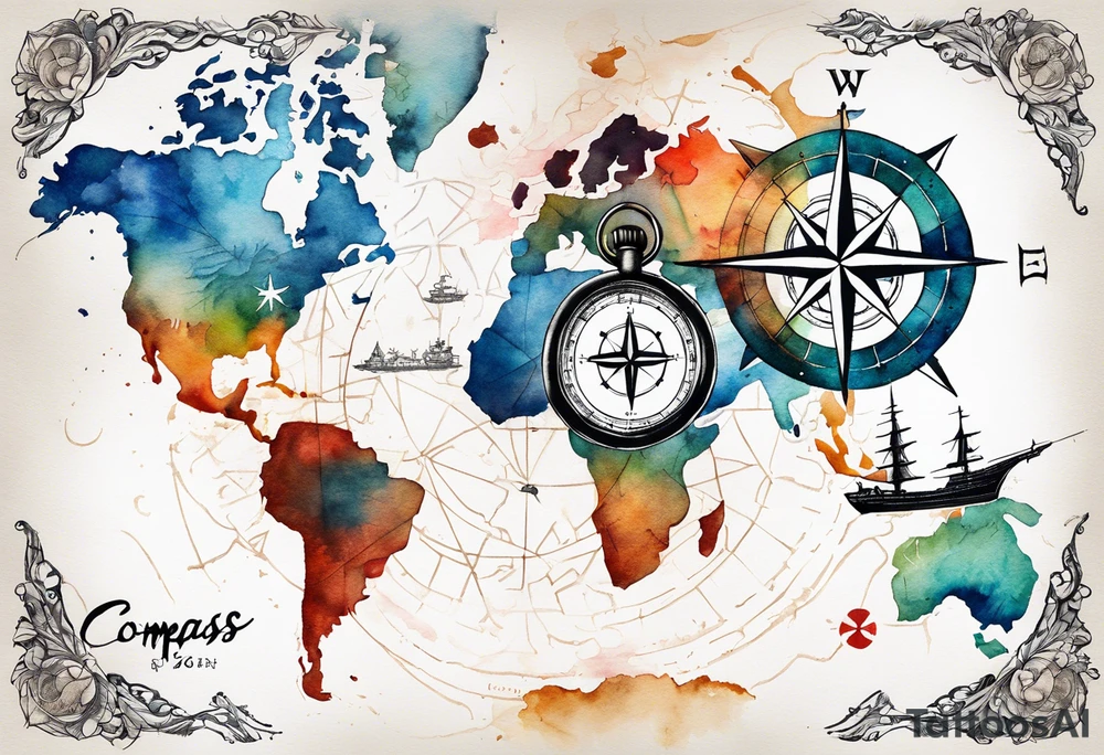 Travel themed for thigh, compass rose overlaid with a map spilled watercolor and tiny C130 silhouette tattoo idea