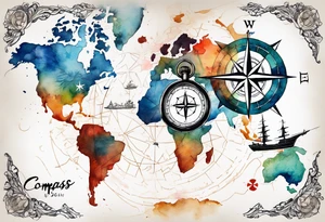 Travel themed for thigh, compass rose overlaid with a map spilled watercolor and tiny C130 silhouette tattoo idea
