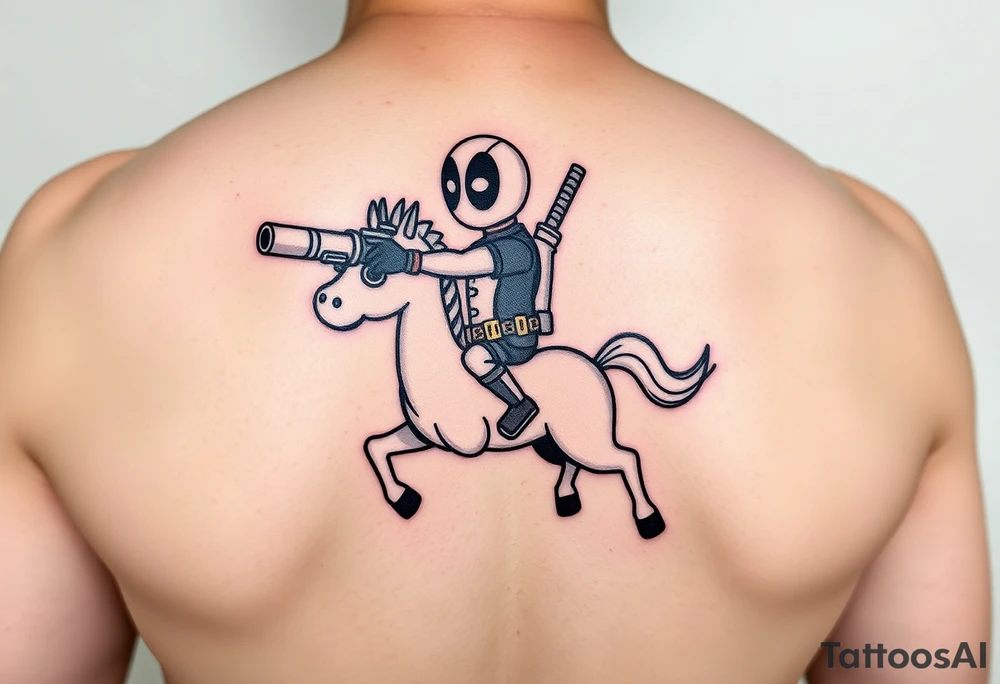 Deadpool riding cartoon unicorn pointing rocket propelled grenade launcher tattoo idea