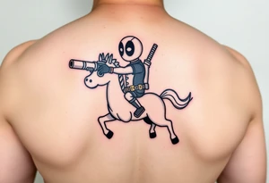 Deadpool riding cartoon unicorn pointing rocket propelled grenade launcher tattoo idea