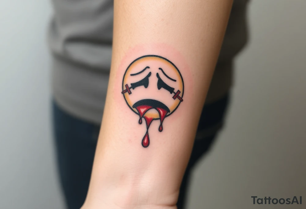Crying emoji with realistic stitching on its face leaking blood tattoo idea