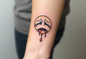 Crying emoji with realistic stitching on its face leaking blood tattoo idea