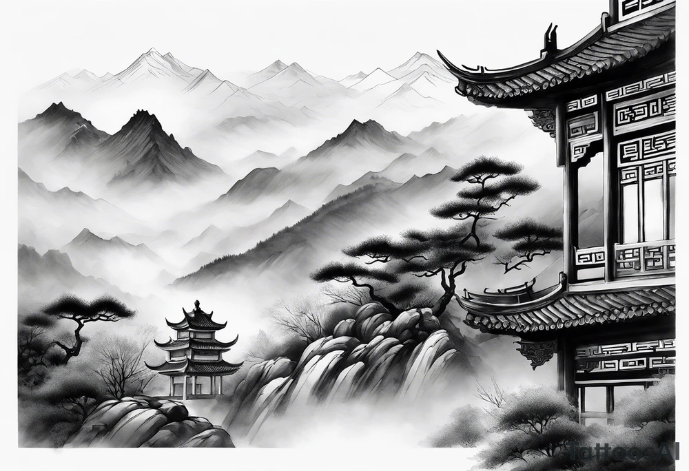 forearm sleeve traditional chinese art painting style autumn mountains mist fog water Chinese temple 2 male monks wearing robes  drinking tea tattoo idea