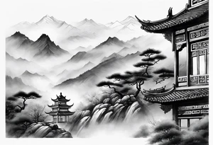 forearm sleeve traditional chinese art painting style autumn mountains mist fog water Chinese temple 2 male monks wearing robes  drinking tea tattoo idea