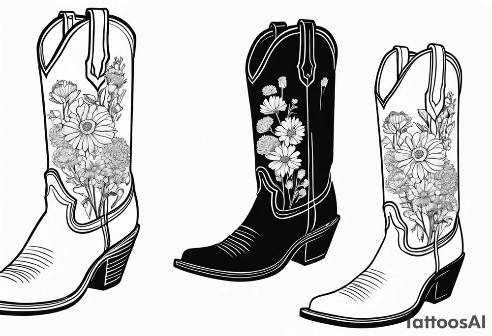 Cowboy boot with bouquet of chrysanthemum, carnations and marigolds inside of boot tattoo idea