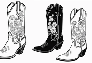 Cowboy boot with bouquet of chrysanthemum, carnations and marigolds inside of boot tattoo idea