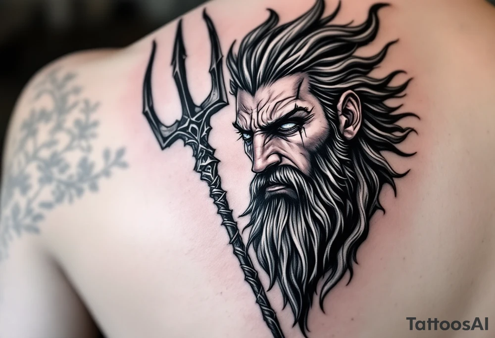 crying poseidon, behind a trident, looking at his nose tattoo idea