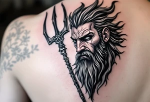 crying poseidon, behind a trident, looking at his nose tattoo idea