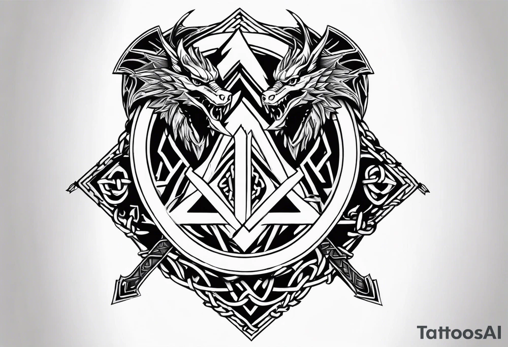 Valhalla sword shield axe barbed wire chains valknut fire dragon tattoo idea Valhalla sword shield axe barbed wire chains valknut fire dragon tattoo idea