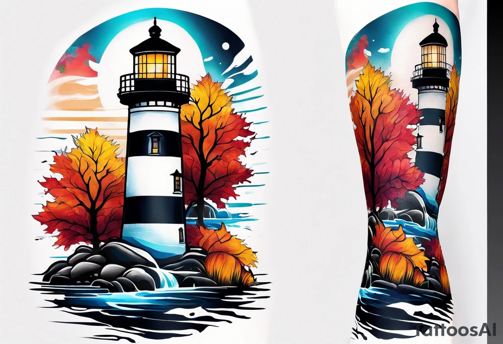 Arm sleeve with fall colors, various flowers, water flow, water splash, light house tattoo idea