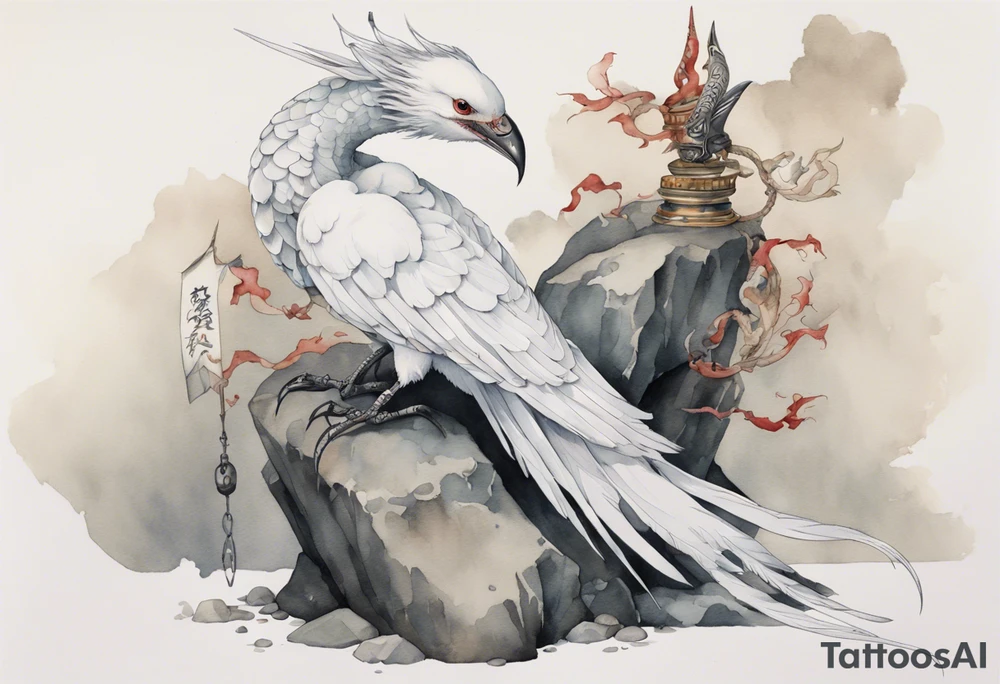 a watercolor of a white bird-serpent hybrid wearing an iron crown, perched upon a stone tattoo idea