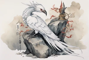a watercolor of a white bird-serpent hybrid wearing an iron crown, perched upon a stone tattoo idea