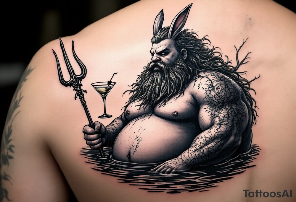 fat poseidon with trident half way in calm water with a martini and bunny ears tattoo idea