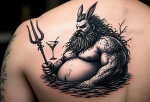 fat poseidon with trident half way in calm water with a martini and bunny ears tattoo idea