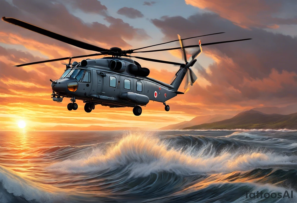A detailed 4K drawing of a Canadian military grey CH-148 Cyclone helicopter soaring low over rough, ocean waves. The sun is setting, casting a dramatic glow on the scene with realistic clouds and a specular reflection of the helicopter on the water. The helicopter should be the main focus, with intricate details and a sense of motion. In the background, a poppy should be prominently displayed. tattoo idea