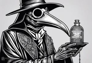 plague doctor with a skeleton hand holding medicine tattoo idea