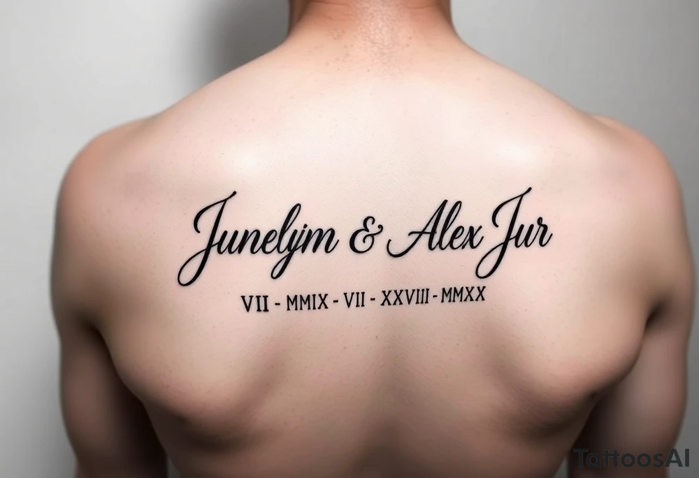 Junelyn & Alex Jr in cursive font VI·IX·MMXIX VII·XXVII·MMXX on a forearm tattoo idea