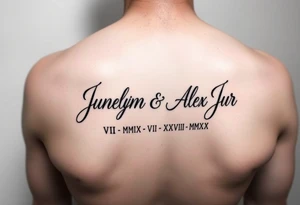 Junelyn & Alex Jr in cursive font VI·IX·MMXIX VII·XXVII·MMXX on a forearm tattoo idea