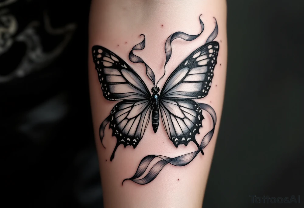 ethereal butterfly with flowing silk ribbons in moonlight tattoo idea