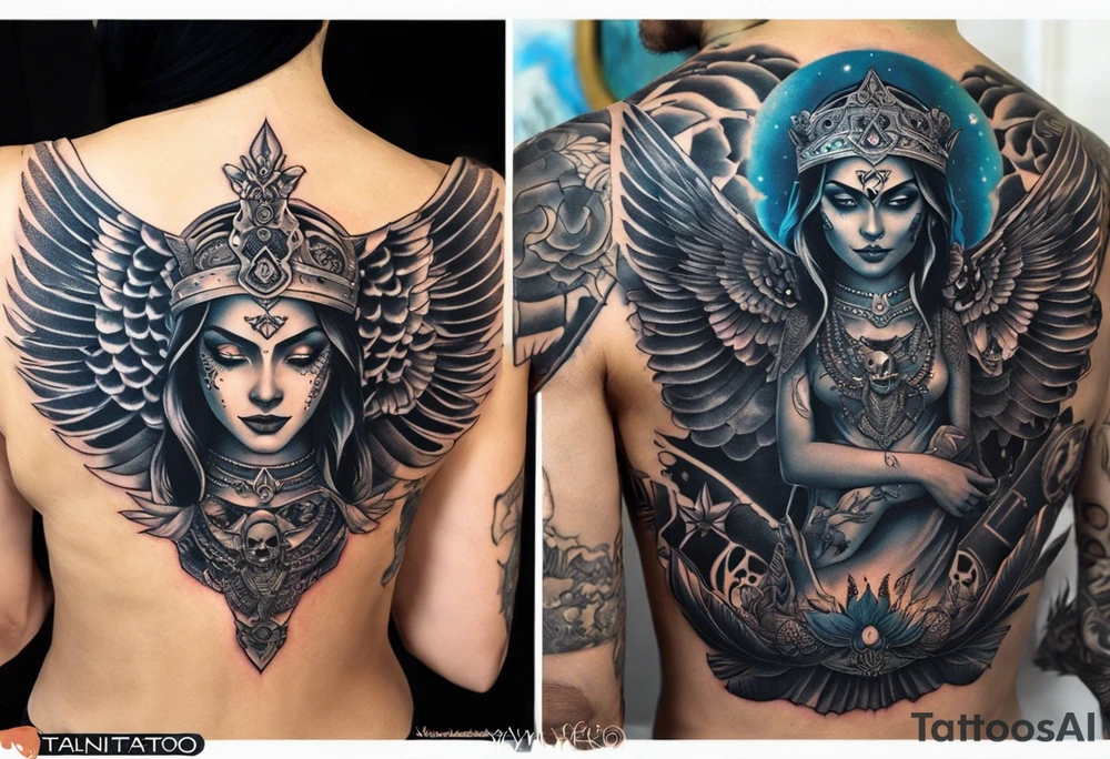 black kali, goddess pirate, alien, angel, pachamama, valkrye, warrior, flying, skull, lotus azul, wing, eagle, zenza resonance, stars, 5D, anahata chakra, death, durga, riding on a tiger, flying lady, kundalini, chest tatoo, rebel tattoo idea