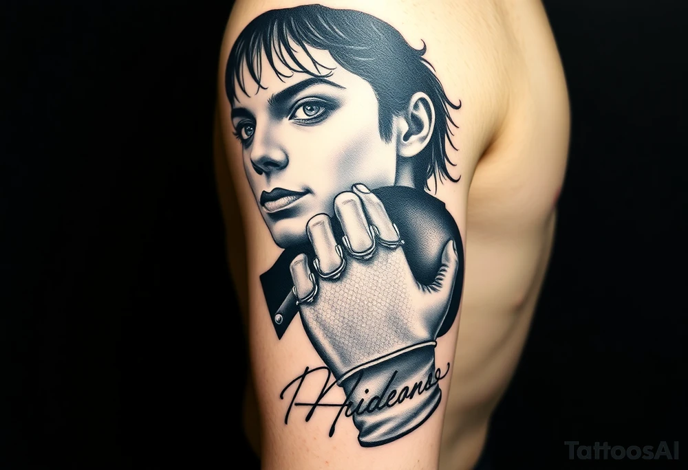 The ultimate black and grey realism tattoo sleeve design for an upper arm, celebrating Michael Jackson's entire career. A vertical masterpiece collage: Top features his hyper-realistic eyes from the Dangerous album peering through stage smoke. Middle shows a crisp, detailed portrait from the Bad era with high-contrast jacket buckles. Bottom section displays his hand in the sparkling sequin glove holding his fedora hat. The design smoothly fades out into his official autograph written in clean fine-line script at the very bottom. Photorealistic, cinematic lighting, deep blacks, master shading --ar 2:3 tattoo idea