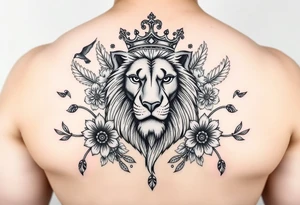 powerful majestic lion with a crown, surrounded by floral ornaments and birds tattoo idea