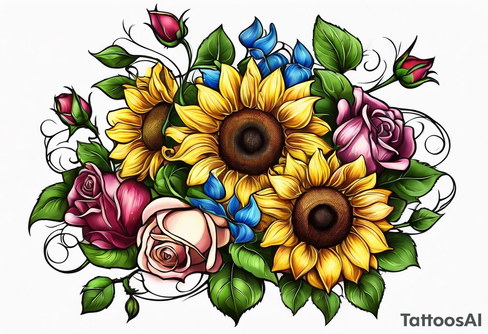 sunflower rose sweet pea bouquet tattoo idea