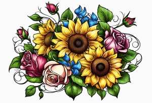 sunflower rose sweet pea bouquet tattoo idea