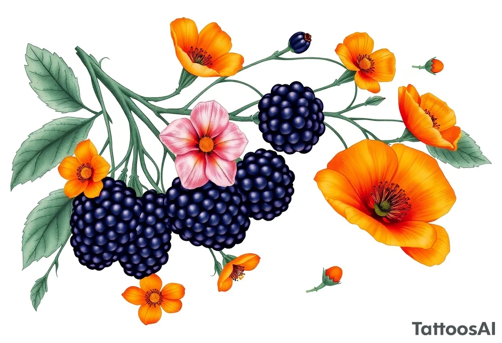 California wildflowers, poppies, and orange and orange blossoms. Blackberries plant/flower. tattoo idea