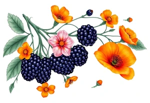 California wildflowers, poppies, and orange and orange blossoms. Blackberries plant/flower. tattoo idea