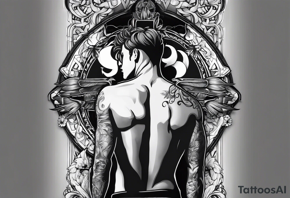 An aesthetic but unpretentious tattoo that is placed on the upper back of a male. It should represent catholic religion, discipline, pain and the love to animals. tattoo idea