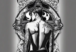An aesthetic but unpretentious tattoo that is placed on the upper back of a male. It should represent catholic religion, discipline, pain and the love to animals. tattoo idea