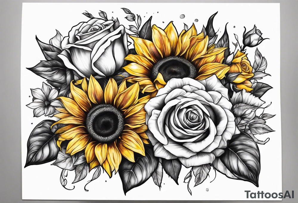 sunflower rose sweet pea bouquet tattoo idea