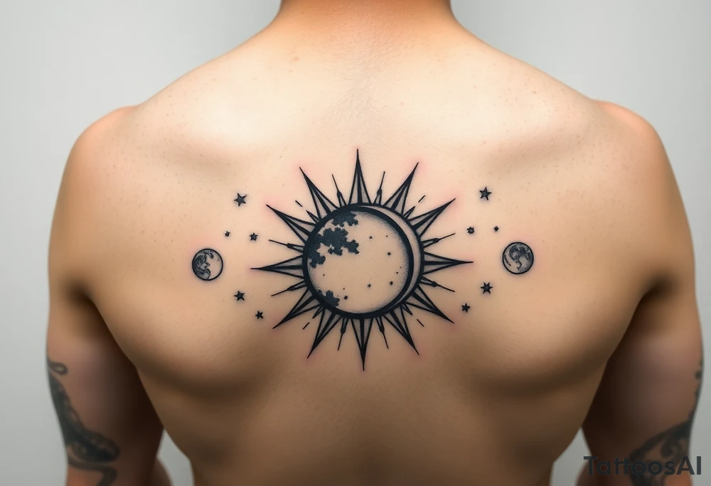 celestial sun and moon embrace with constellation patterns simple tattoo idea