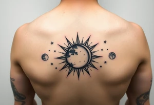 celestial sun and moon embrace with constellation patterns simple tattoo idea