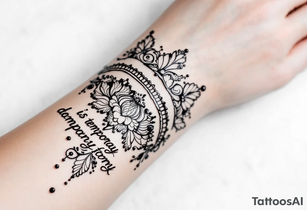 Indian style Henna tattoo for the inner wrist including words pain is temporary. Don’t show the wrist or arm tattoo idea