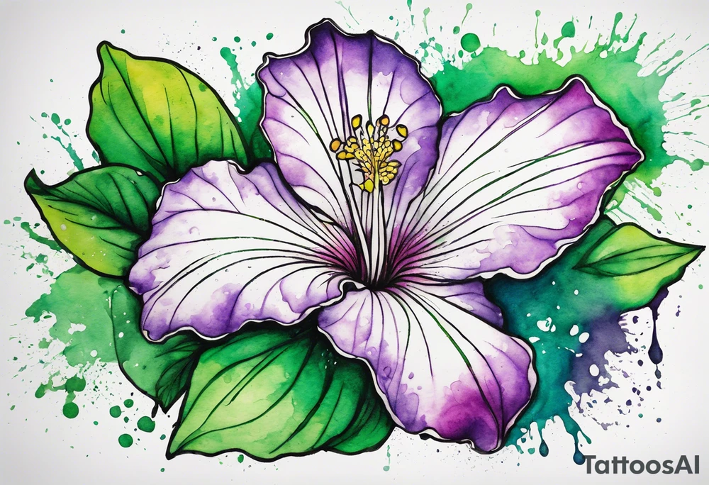 An outline of an only green rio dipladenia flower and a green and purple watercolor splash in the background tattoo idea