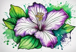 An outline of an only green rio dipladenia flower and a green and purple watercolor splash in the background tattoo idea