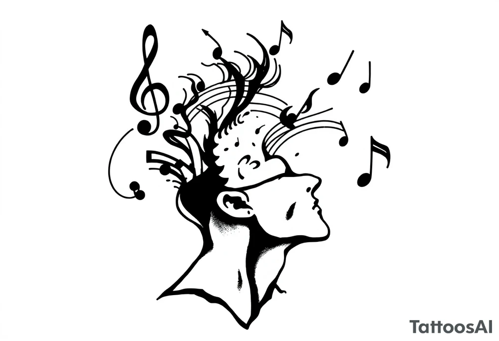 head breaking open into music notes tattoo idea