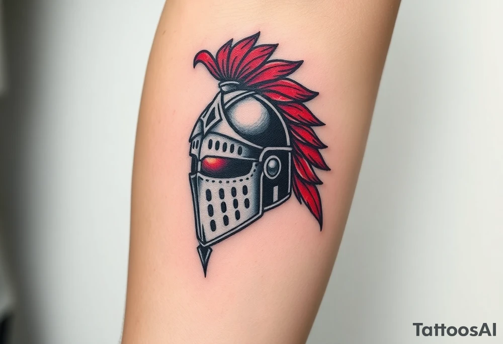 A knight’s helmet with a plume of red feathers, with intricate detailing and a mystical aura glowing from the visor tattoo idea