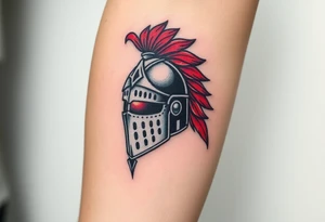 A knight’s helmet with a plume of red feathers, with intricate detailing and a mystical aura glowing from the visor tattoo idea