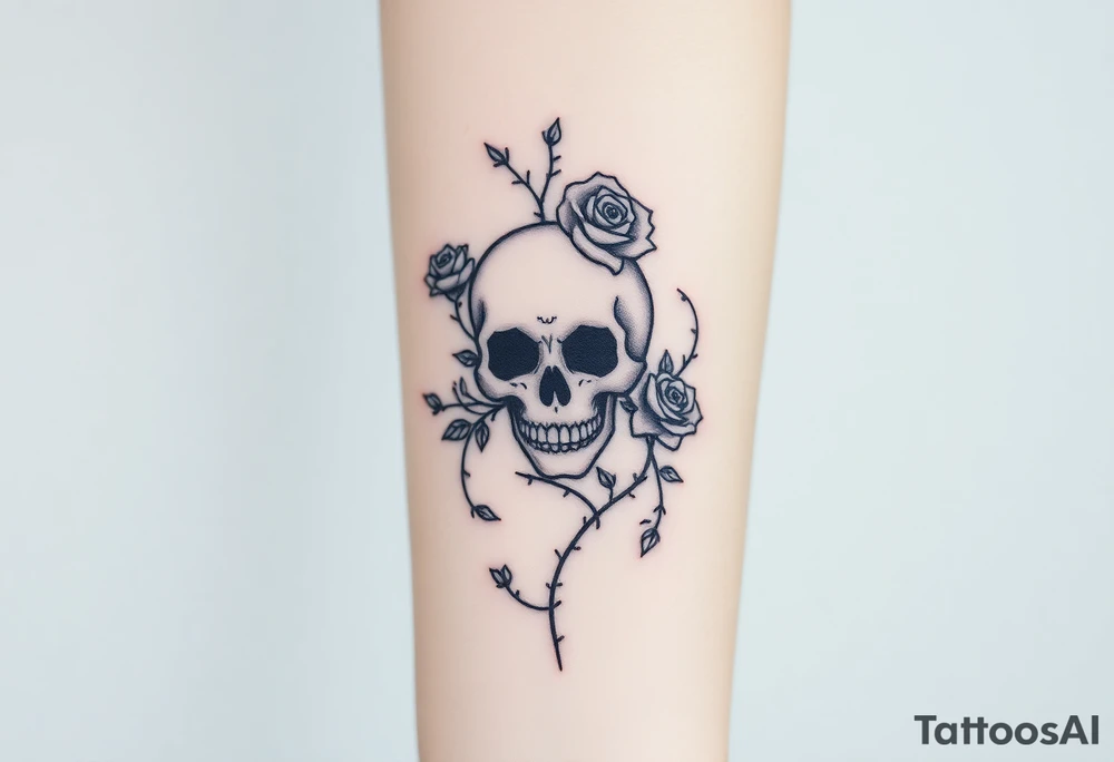 gothic skull intertwined with climbing roses and thorny vines tattoo idea
