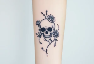 gothic skull intertwined with climbing roses and thorny vines tattoo idea
