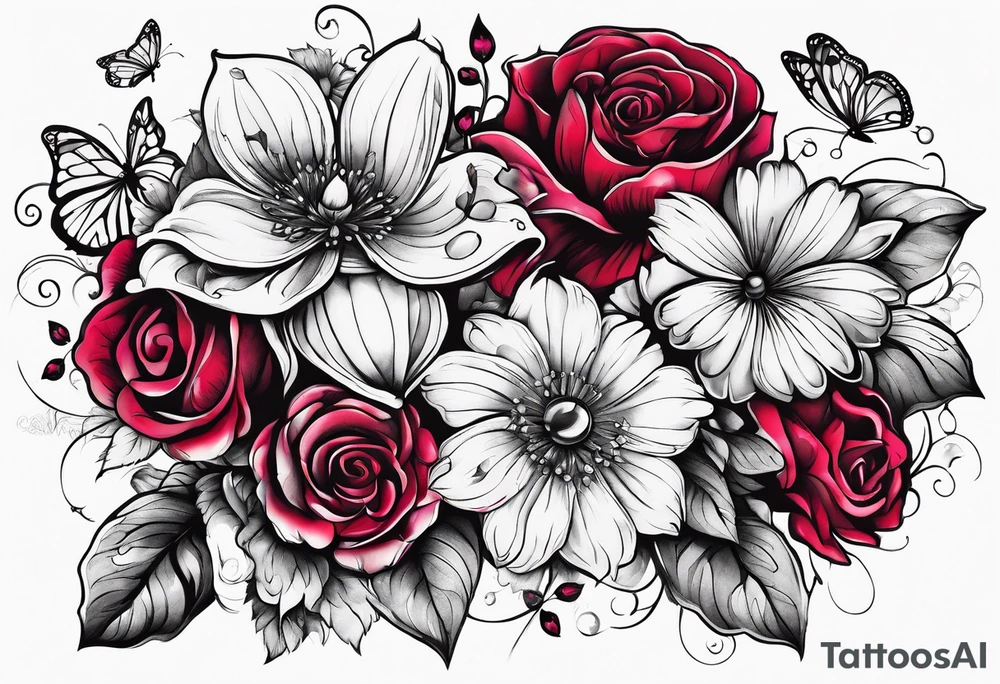 Flowers with "Ruby" in calligraphy font and butterflies around it tattoo idea